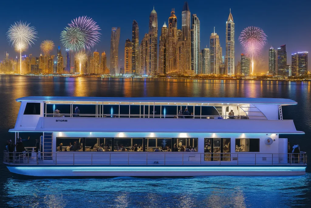 Dubai Marina New Year’s Eve dhow cruise with fireworks view of Palm Jumeirah and Ain Dubai at night